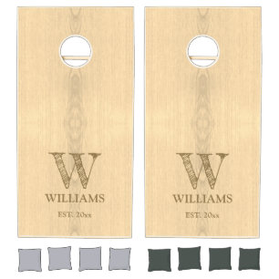 Sepia yellow wood grain rustic Family Monogram Cornhole Set