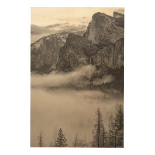 Sepia Yosemite Mountain Landscape with Fog Wood Wall Art