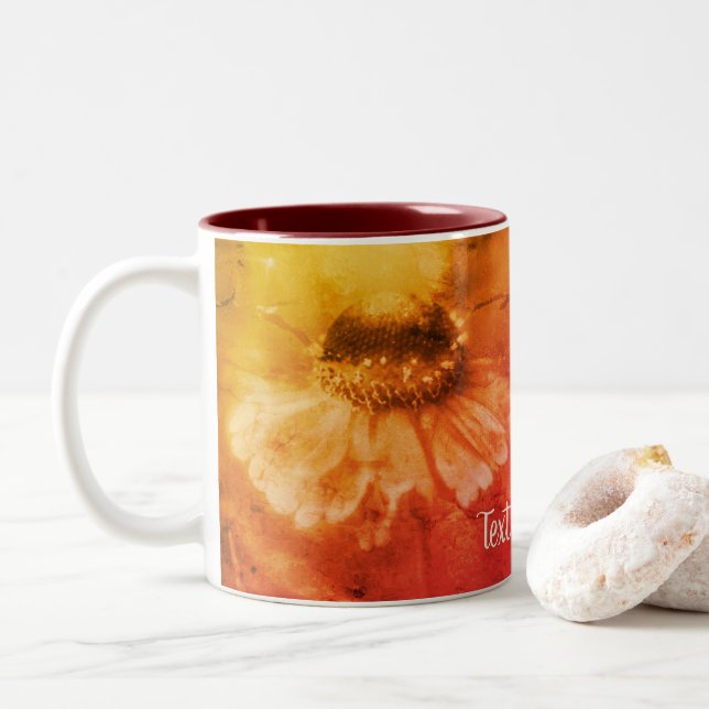 Sepia Zinnia Abstract Floral Art Personalized  Two-Tone Coffee Mug (With Donut)