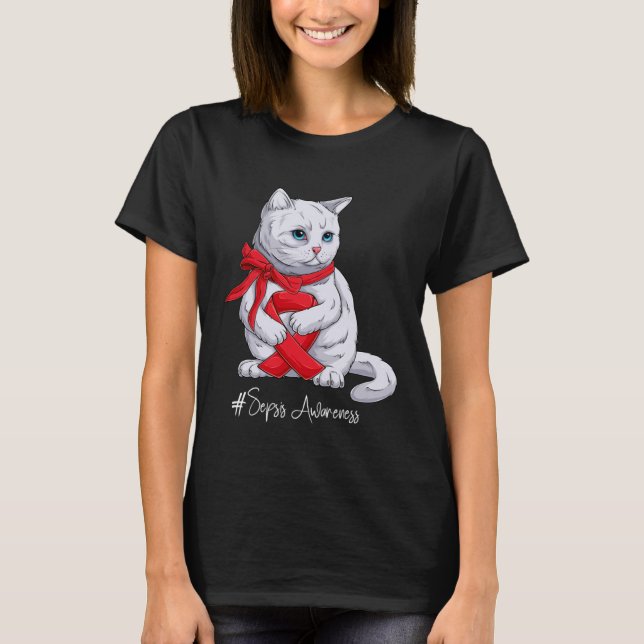 Sepsis Awareness Month Red Ribbon Cat T-Shirt (Front)
