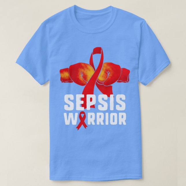 Sepsis Warrior Red Ribbon Boxing Gloves Awareness  T-Shirt (Design Front)