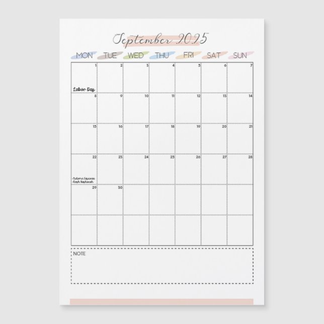 September 2025 Magnetic Calendar (Front)