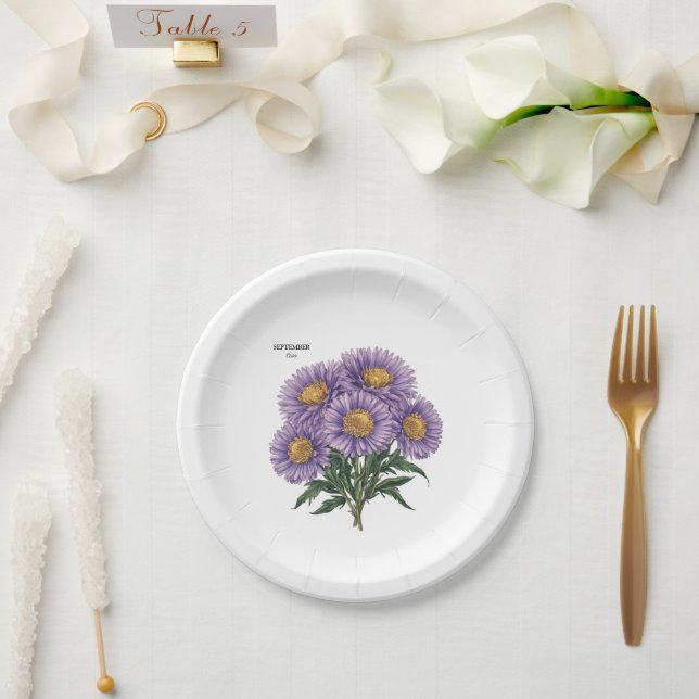 September Aster Birth Month Custom Floral Art Paper Plates (Wedding)