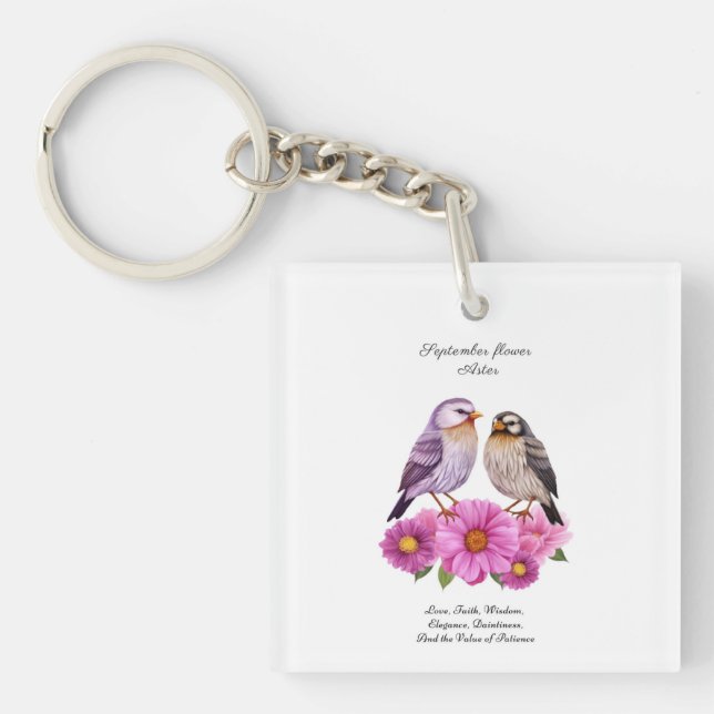 September Aster Flower with Birds Birth Gift  Keychain (Front)