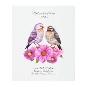 September Aster Flower with Birds Birth Gift Metal Print