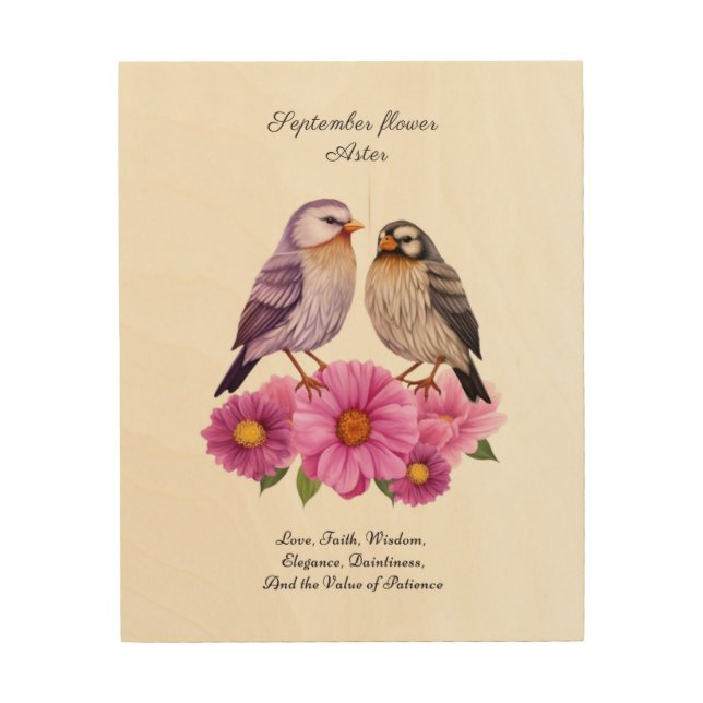 September Aster Flower with Birds Birth Gift  Wood Wall Art (Front)