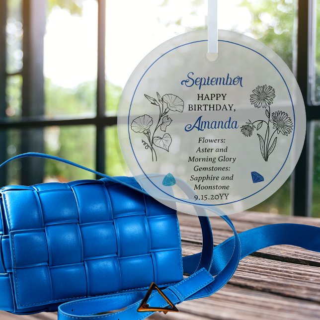 September Aster | Morning Glory Birthday Keepsake Glass Ornament (September Aster and Morning Glory Floral | Sapphire, Moonstone Gemstones Birthday Keepsake Ornament)