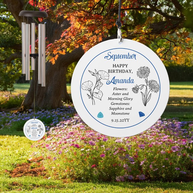 September Aster | Morning Glory Birthday Keepsake Wind Chime (September Aster and Morning Glory Floral and Sapphire Gemstone Birthday Keepsake Wind Chime)