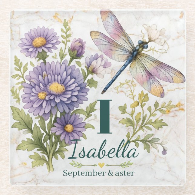 September Birth Flower Aster & Dragonfly Glass Coaster (Front)