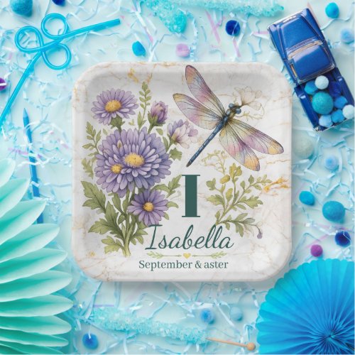 September Birth Flower Aster & Dragonfly Paper Plates