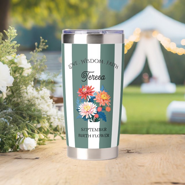 September Birth Flower Custom Name Insulated Tumbler (Wedding (Rotated))