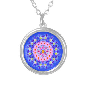 September Birth Month Flower Blue Zen Mandala Silver Plated Necklace