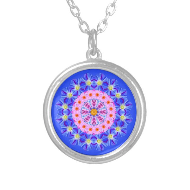 September Birth Month Flower Blue Zen Mandala Silver Plated Necklace (Creator Uploaded)