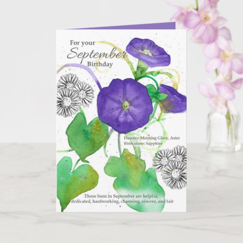 September Birthday Morning Glory Asters Botanical  Card