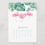 September Calendar Card, Pink Flamingo<br><div class="desc">Decorate your office space with these cute calendar cards. These September cards were designed using my original watercolor flamingos and monstera palm leaves in shades of pink, lush greenery and turquoise. Order refills for each month and display it in a photo frame or using a small photo stand. These also...</div>