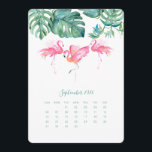 September Calendar Card, Pink Flamingo<br><div class="desc">Add a tropical touch to your workspace with this September 2025 calendar card featuring my original watercolor pink flamingo design paired with lush monstera palm leaves in shades of green and turquoise. These cute calendar cards are perfect for brightening up your office or home setup. Display them in a photo...</div>