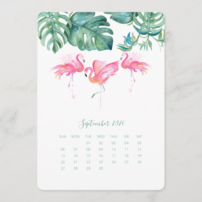 September Calendar Card, Pink Flamingo (Front)