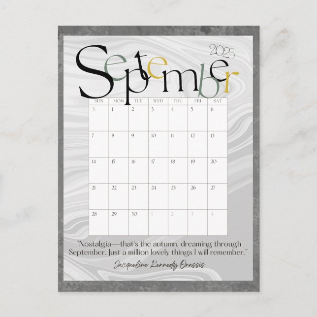 September Gray Modern Monthly Calendar 2025 Postcard (Front)