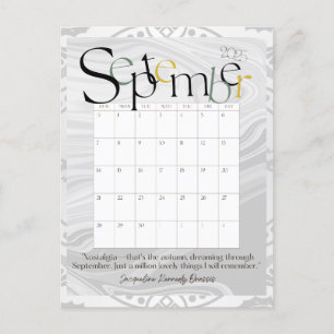 September Gray Modern Monthly Calendar 2025 Postcard