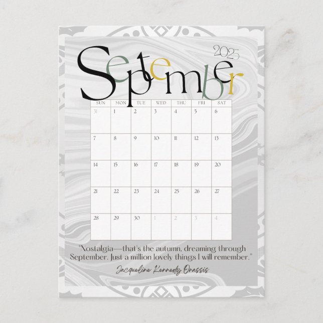 September Gray Modern Monthly Calendar 2025 Postcard (Front)