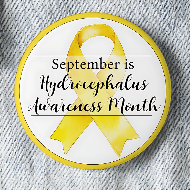 September Hydrocephalus Awareness Month Ribbon Button (September is Hydrocephalus Awareness Month pinback button.  Yellow awareness ribbon.)