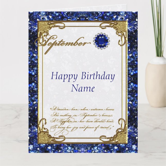 September Sapphire Birthstone Birthday 8.5 X 11 Card (Front)