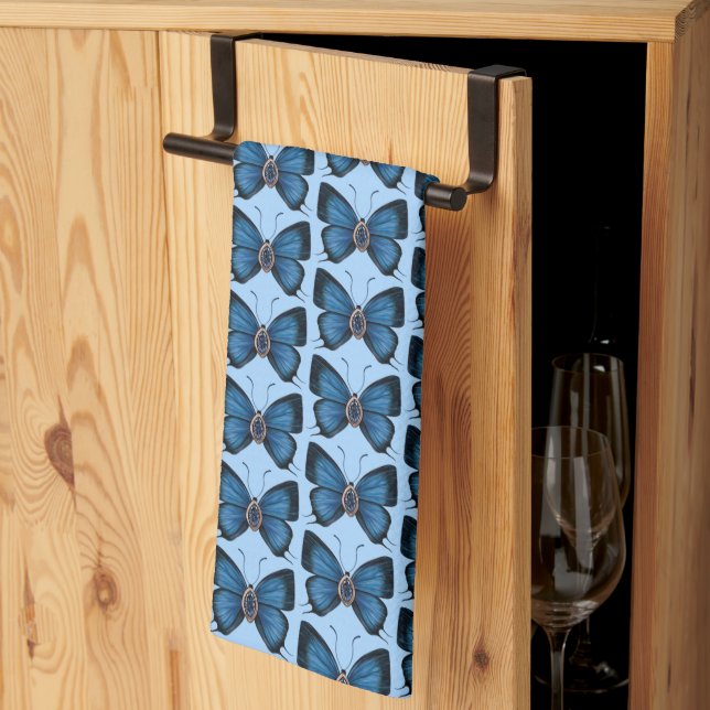 September Sapphire Blue Butterfly Pattern Design Kitchen Towel (Thirds Fold)