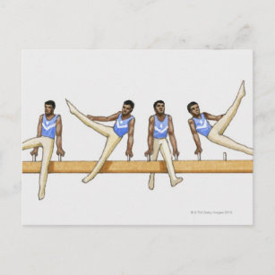 Sequence of illustrations showing male gymnast postcard
