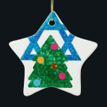 sequin christmukkah hanukkah ceramic ornament<br><div class="desc">christmukkah, "star of david", "christmas tree", christmas, xmas, "ugly christmas", interfaith, "inter faith", christian, chrismukkah, hanukkah, chanukkah glitter, sequins, jewish, holidays, jew, neon pink blue white blank</div>