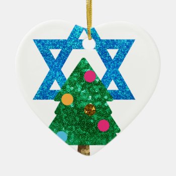 Sequin Christmukkah Hanukkah Ceramic Ornament by funnychristmas at Zazzle