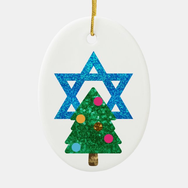 sequin christmukkah hanukkah ceramic ornament (Front)