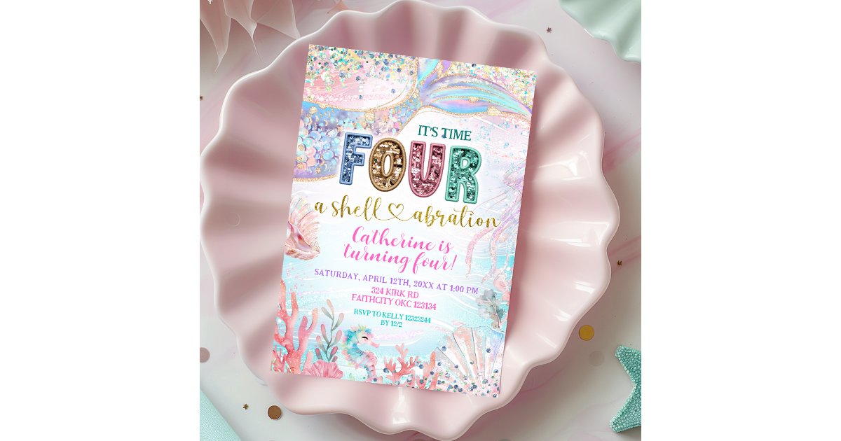 sequin glitter Four Shellebarate Girl birthday inv Invitation | Zazzle