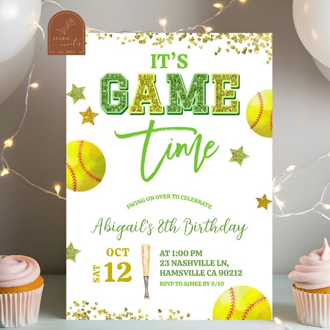 Sequin Glitter Softball Girl birthday invitat Invitation (Creator Uploaded)