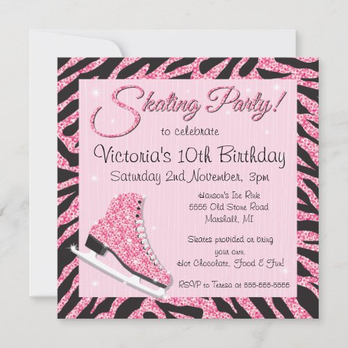 Sequin Glittering Ice Skating Party Invitations