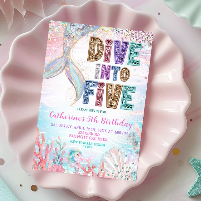 Sequin Glitters Dive into five mermaid bash Birthd Invitation (Creator Uploaded)