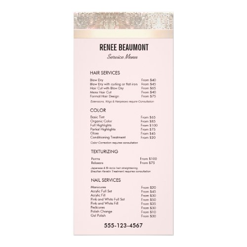 Sequin Gold Pink Salon Price List Service Menu