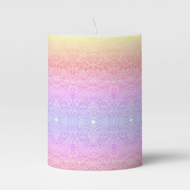Sequin lace look pattern gradient pink gold purple pillar candle (Front)