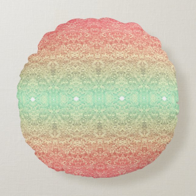 Sequin lace pattern gradient pink gold green round pillow (Front)