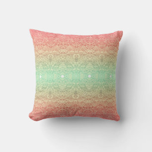 Sequin lace pattern gradient pink gold green throw pillow