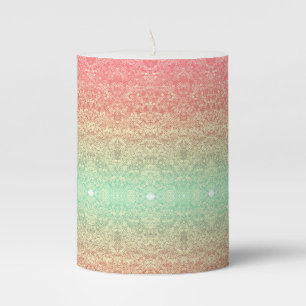 Sequin lace pattern ombre peach gold green pillar candle