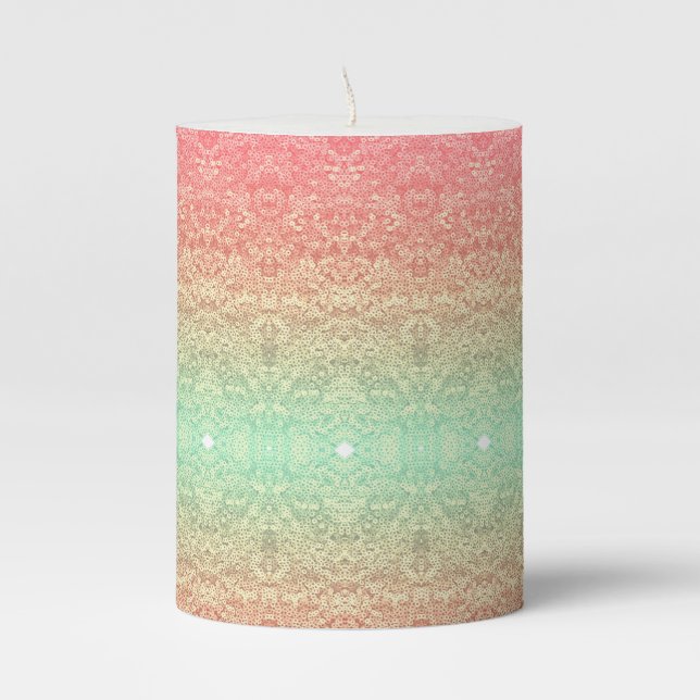 Sequin lace pattern ombre peach gold green  pillar candle (Front)