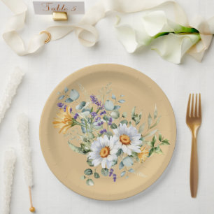 Sequin Light Yellow Daisies Lavender Shower Paper Plates