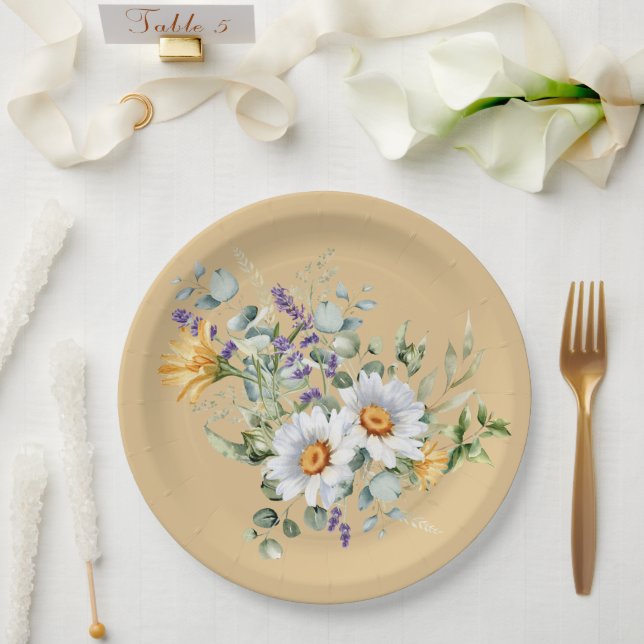 Sequin Light Yellow Daisies Lavender Shower Paper Plates (Wedding)