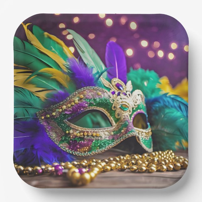 Sequin Mardi Gras Mask With Beads Paper Plates (Front)
