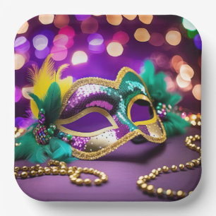 Sequin Mardi Gras Mask With Gold Beads Paper Plates