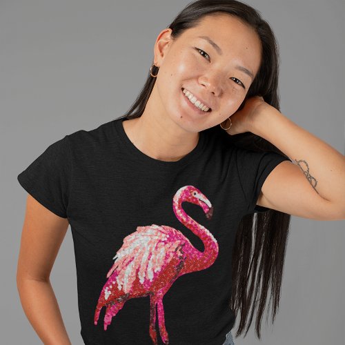Sequin Printed Tropical Flamingo Pink Bird Black T_Shirt