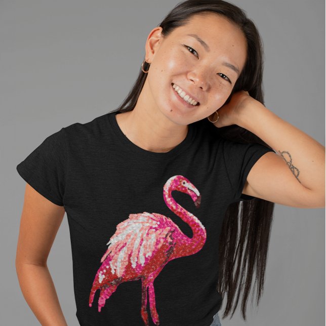 Sequin Printed Tropical Flamingo Pink Bird Black T-Shirt (Creator Uploaded)