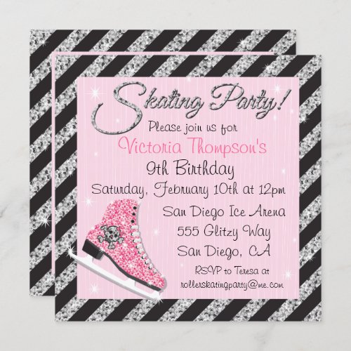 Sequin Skull Ice Skating Party Invitations