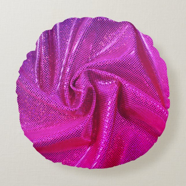 Sequin sparkle glitter look pink fuschia round pillow (Front)