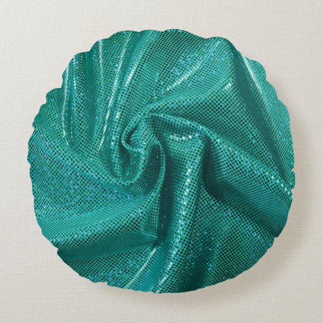 Sequin sparkle glitter teal round pillow (Front)
